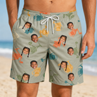 Model wearing Men's Handle Hijinks Custom Face Beach Shorts printed with kids' faces