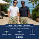 Friends in matching Men's Handle Hijinks Custom Face Beach Shorts — a group gift photo