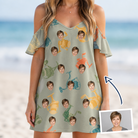 Woman wearing Women's Handle Hijinks Custom Face Off-Shoulder Dress — custom faces printed all-over