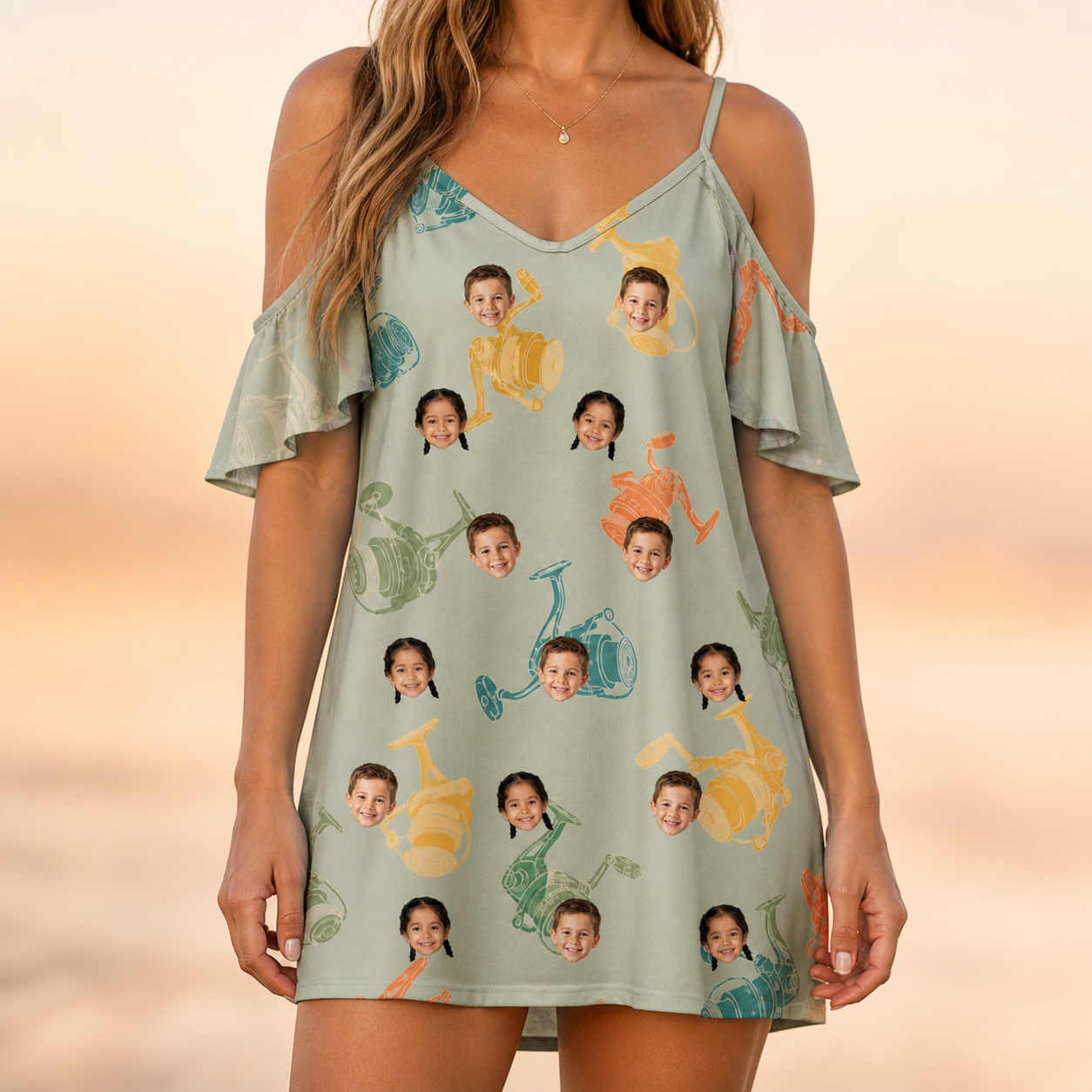 Model wearing Women's Handle Hijinks Custom Face Off-Shoulder Dress printed with kids' faces