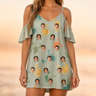 Model wearing Women's Handle Hijinks Custom Face Off-Shoulder Dress printed with kids' faces