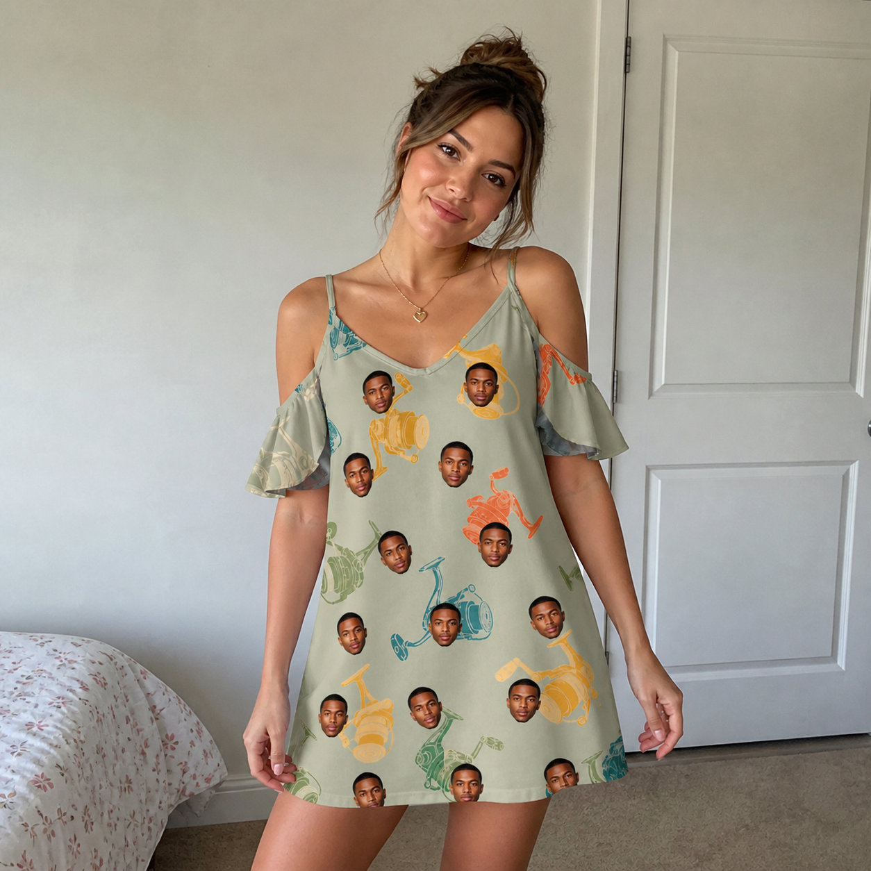 Real-life photo of someone wearing Women's Handle Hijinks Custom Face Off-Shoulder Dress — custom faces printed all-over