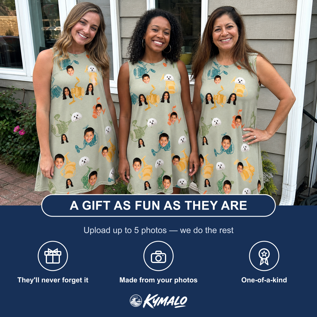 Friends in matching Women's Handle Hijinks Custom Face Tank Dress — a group gift photo