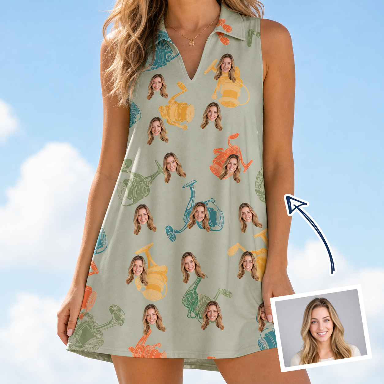 Woman wearing Women's Handle Hijinks Custom Face V-Neck Dress — custom faces printed all-over