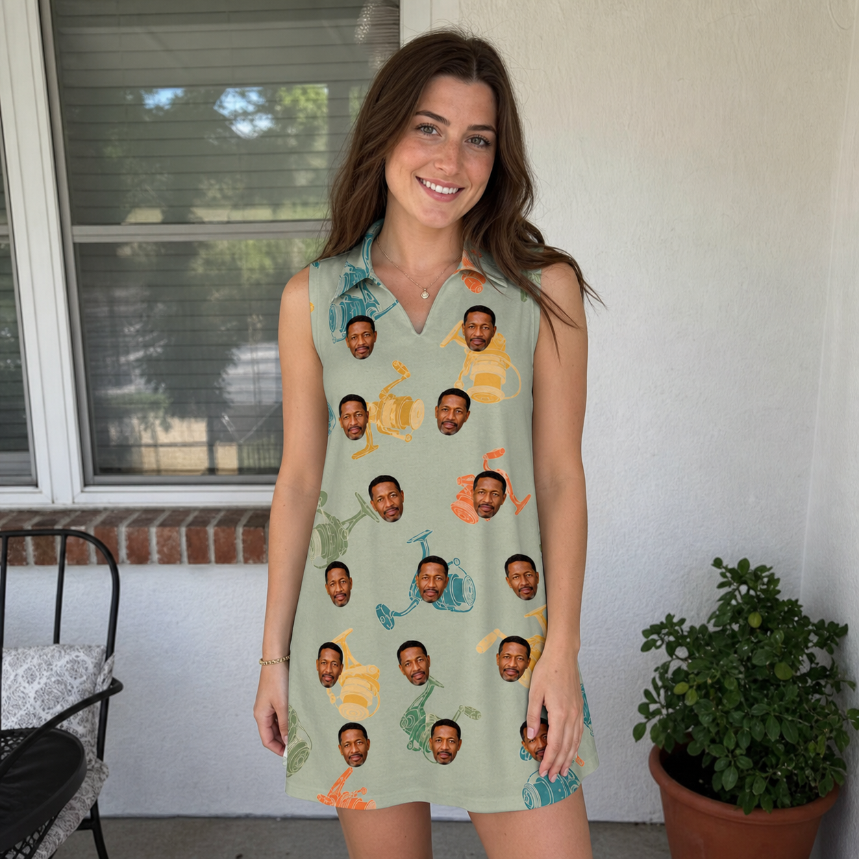 Real-life photo of someone wearing Women's Handle Hijinks Custom Face V-Neck Dress — custom faces printed all-over