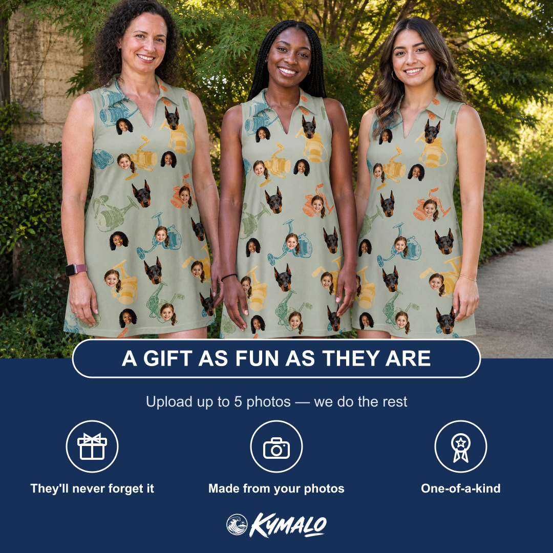 Friends in matching Women's Handle Hijinks Custom Face V-Neck Dress — a group gift photo