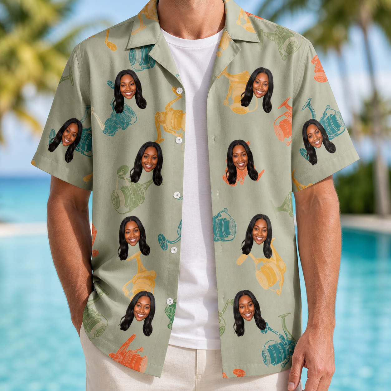 Man wearing Men's Handle Hijinks Custom Face Hawaiian Shirt open over a white tee