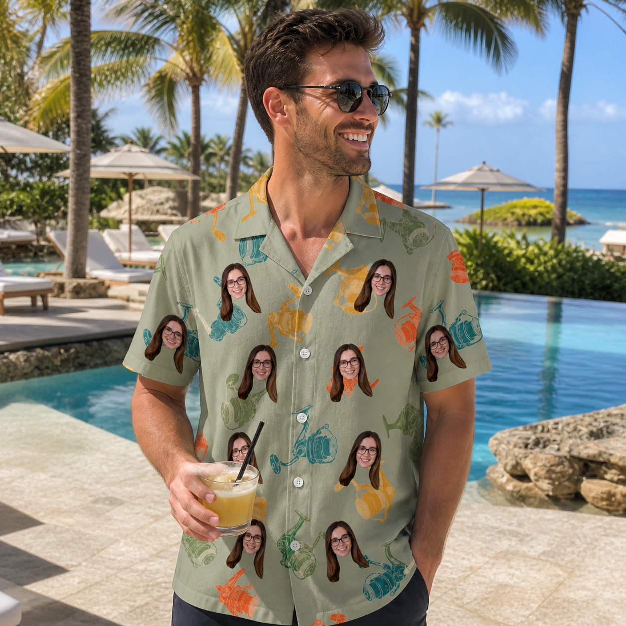 Real-life photo of someone wearing Men's Handle Hijinks Custom Face Hawaiian Shirt — custom faces printed all-over
