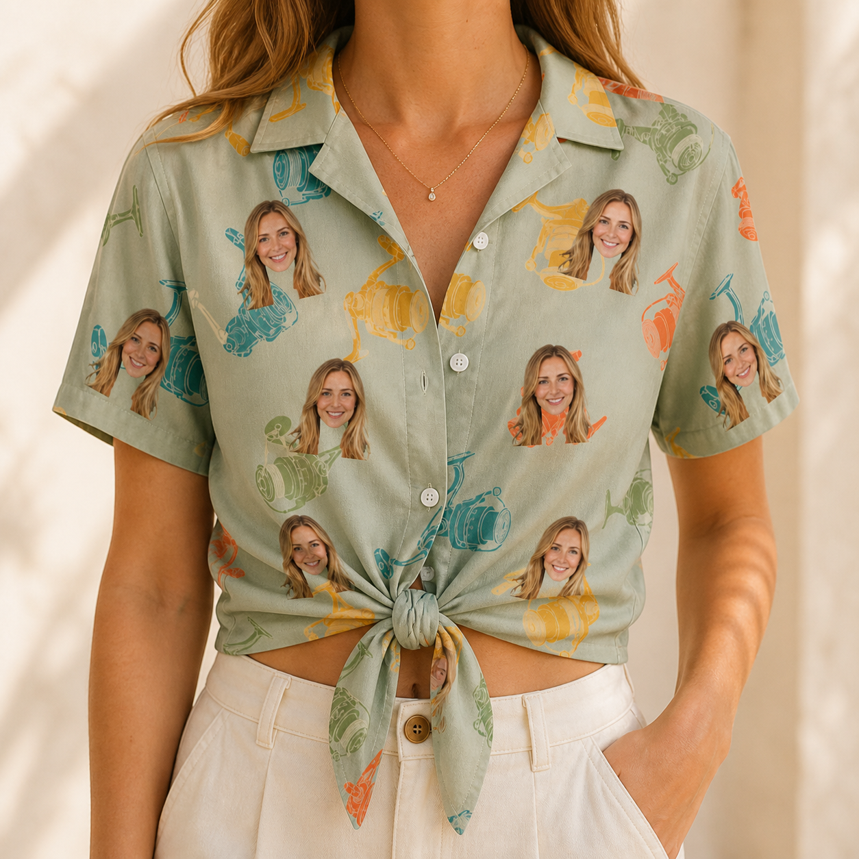 Woman wearing Women's Handle Hijinks Custom Face Hawaiian Shirt tied at the waist