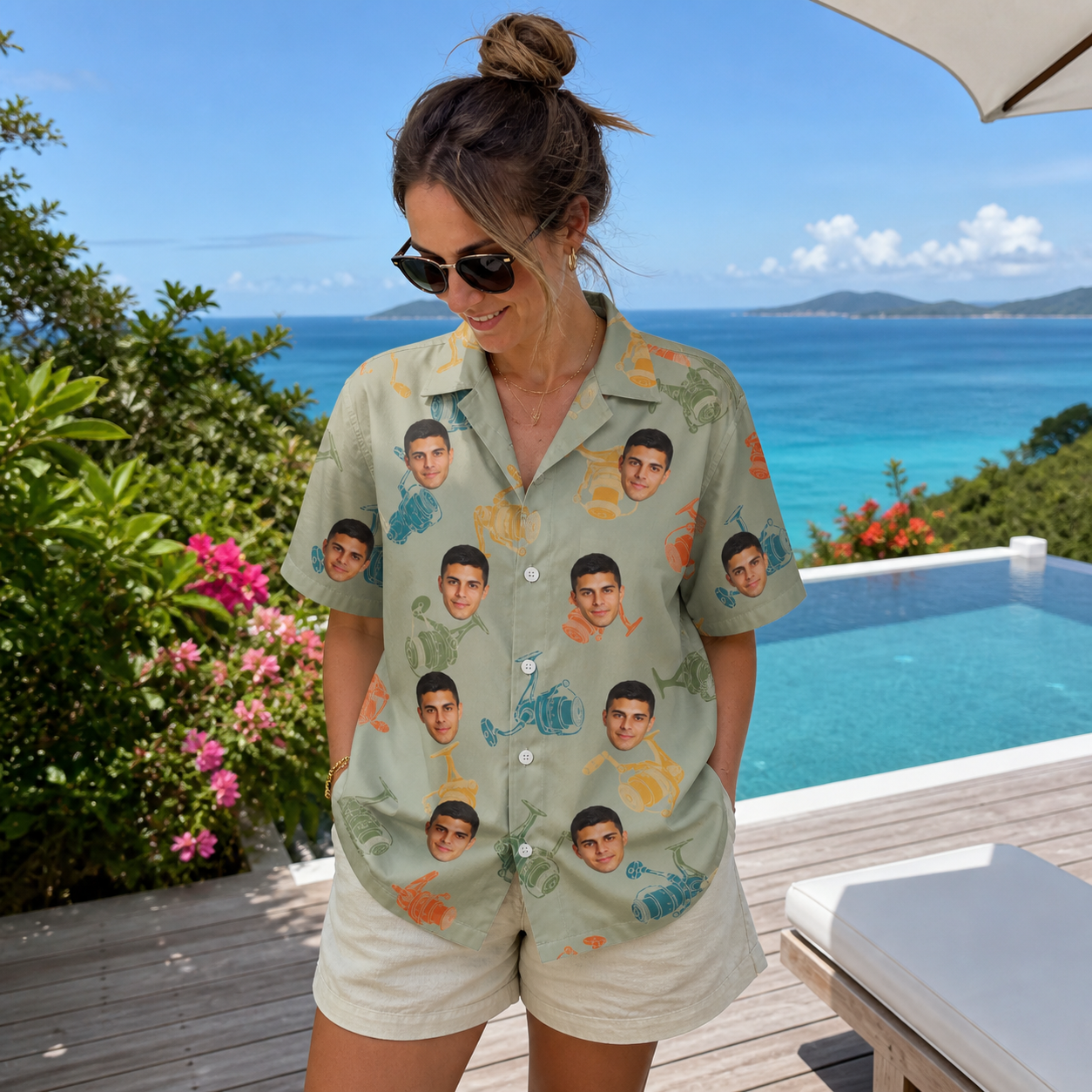Real-life photo of someone wearing Women's Handle Hijinks Custom Face Hawaiian Shirt — custom faces printed all-over