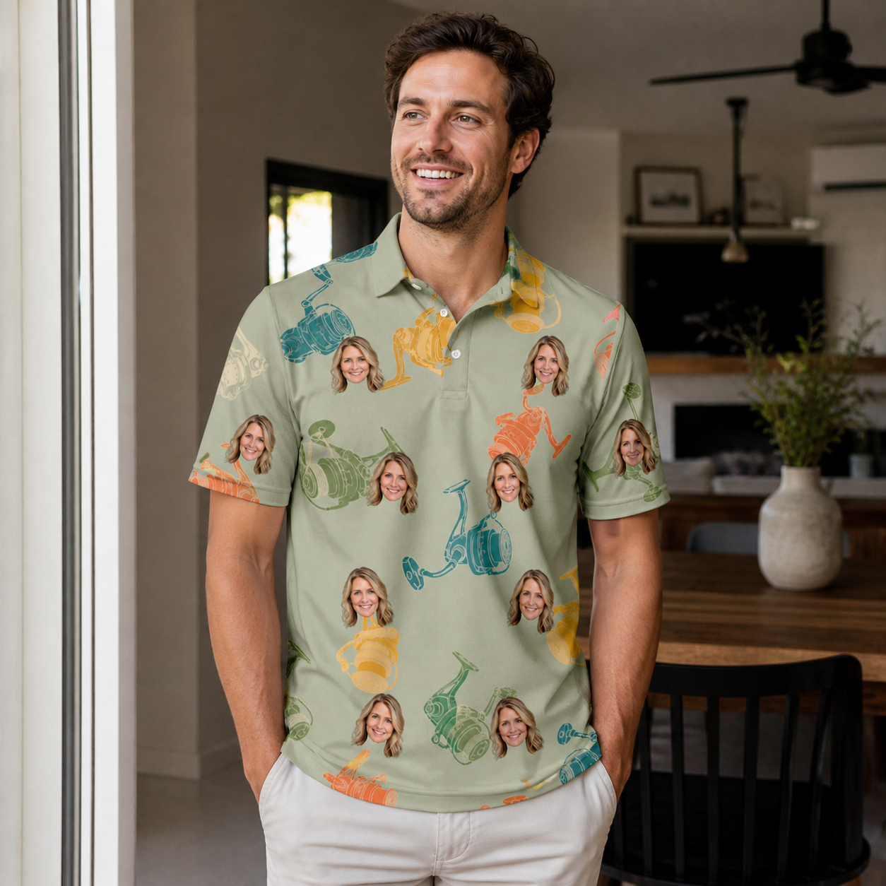 Real-life photo of someone wearing Men's Handle Hijinks Custom Face Polo Shirt — custom faces printed all-over