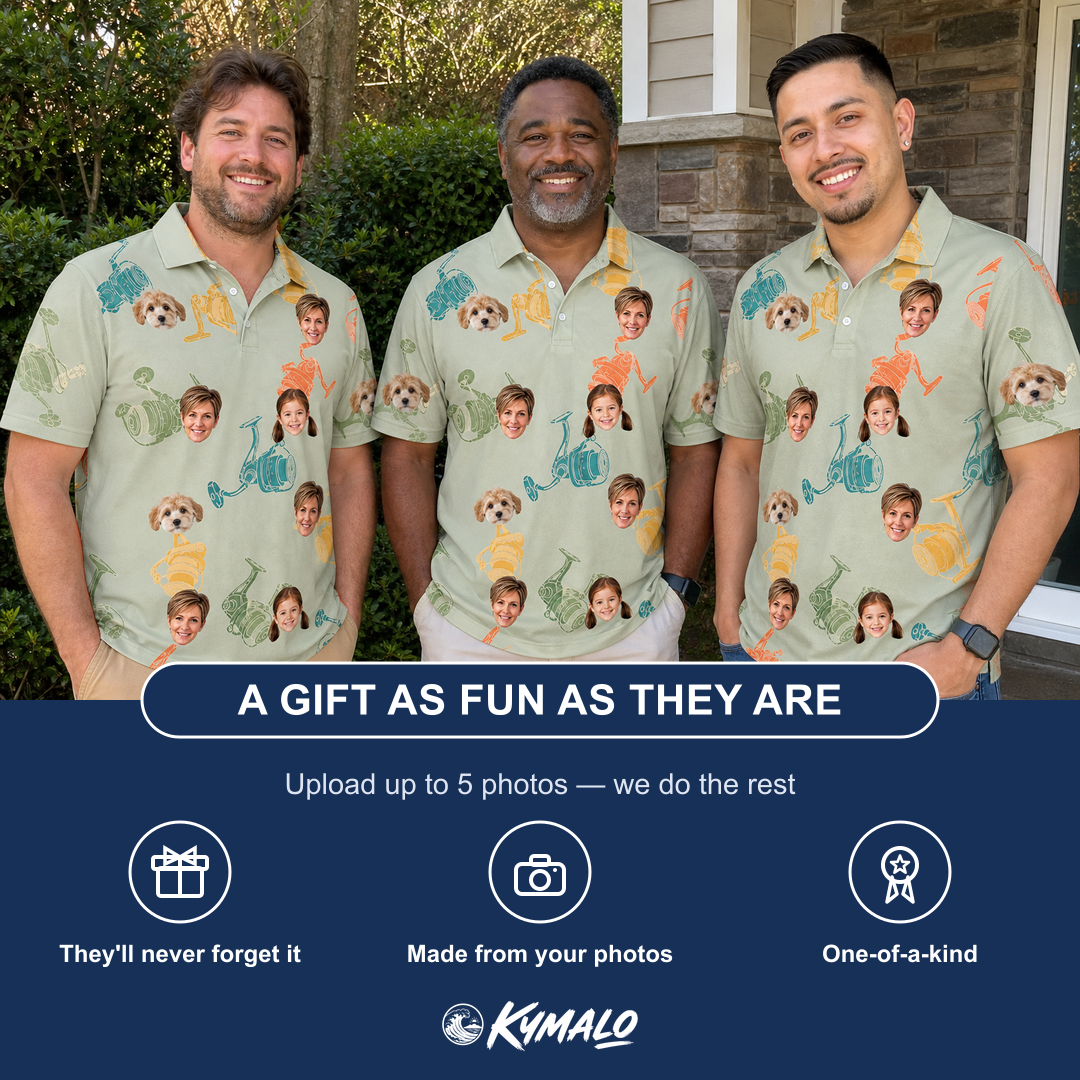 Friends in matching Men's Handle Hijinks Custom Face Polo Shirt — a group gift photo