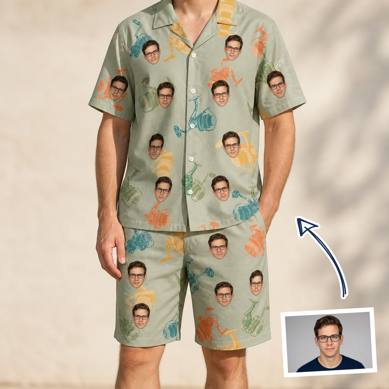 Man wearing Men's Handle Hijinks Custom Face Shirt & Shorts Set — custom faces printed all-over