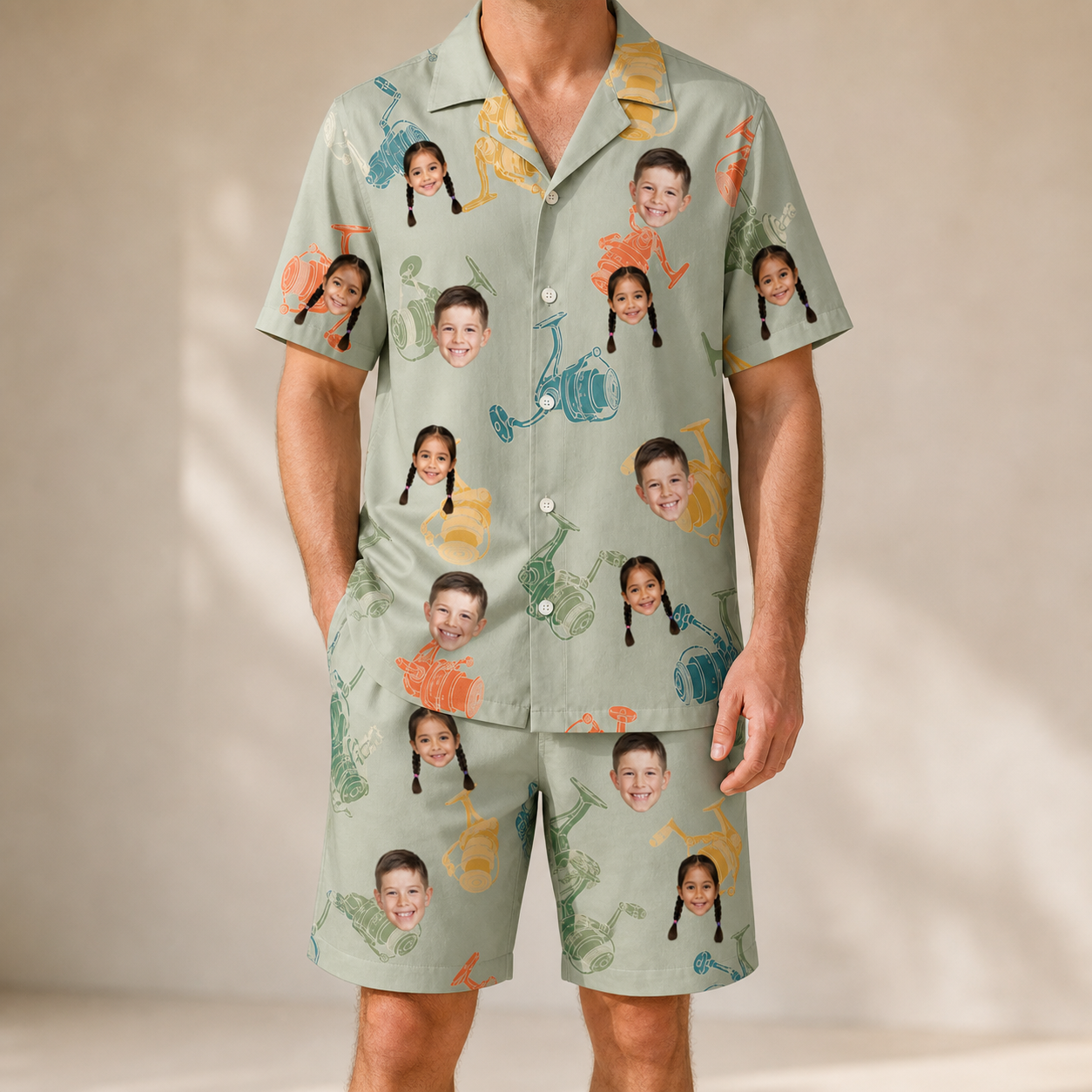 Model wearing Men's Handle Hijinks Custom Face Shirt & Shorts Set printed with kids' faces