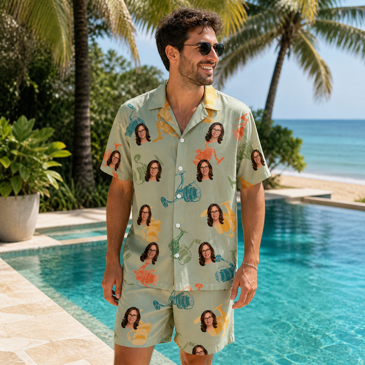 Real-life photo of someone wearing Men's Handle Hijinks Custom Face Shirt & Shorts Set — custom faces printed all-over
