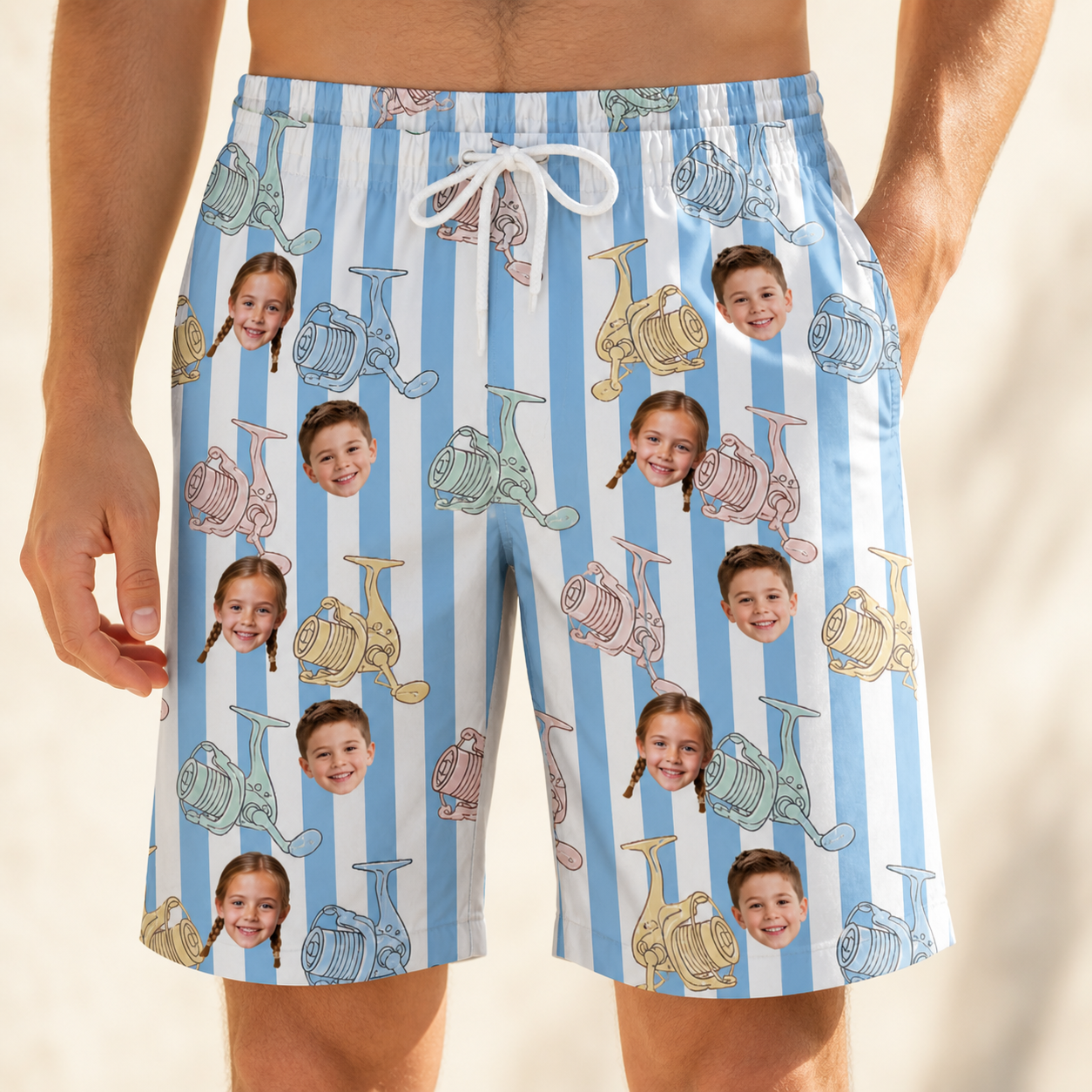 Model wearing Men's Spinner Spritz Custom Face Beach Shorts printed with kids' faces