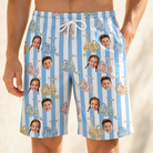 Model wearing Men's Spinner Spritz Custom Face Beach Shorts printed with kids' faces