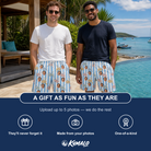 Friends in matching Men's Spinner Spritz Custom Face Beach Shorts — a group gift photo