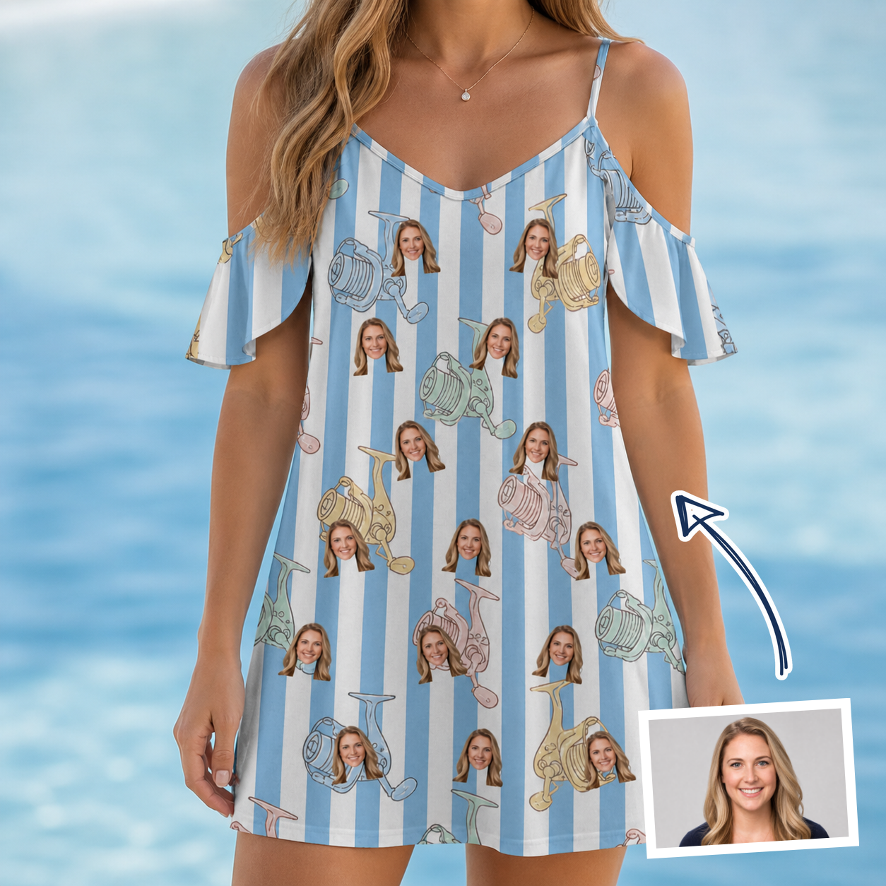 Woman wearing Women's Spinner Spritz Custom Face Off-Shoulder Dress — custom faces printed all-over