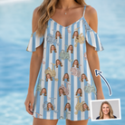 Woman wearing Women's Spinner Spritz Custom Face Off-Shoulder Dress — custom faces printed all-over