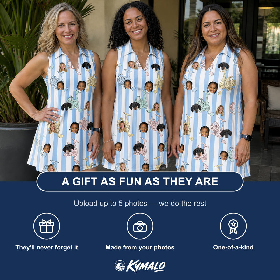 Friends in matching Women's Spinner Spritz Custom Face V-Neck Dress — a group gift photo