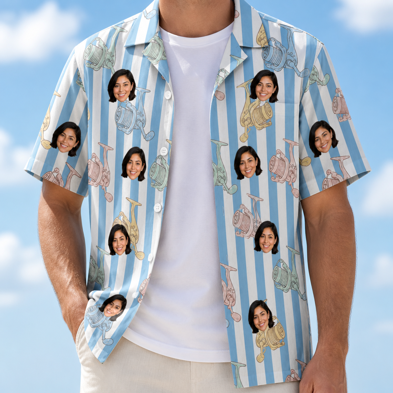Man wearing Men's Spinner Spritz Custom Face Hawaiian Shirt open over a white tee