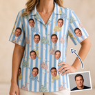 Woman wearing Women's Spinner Spritz Custom Face Hawaiian Shirt — custom faces printed all-over