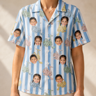 Model wearing Women's Spinner Spritz Custom Face Hawaiian Shirt printed with kids' faces