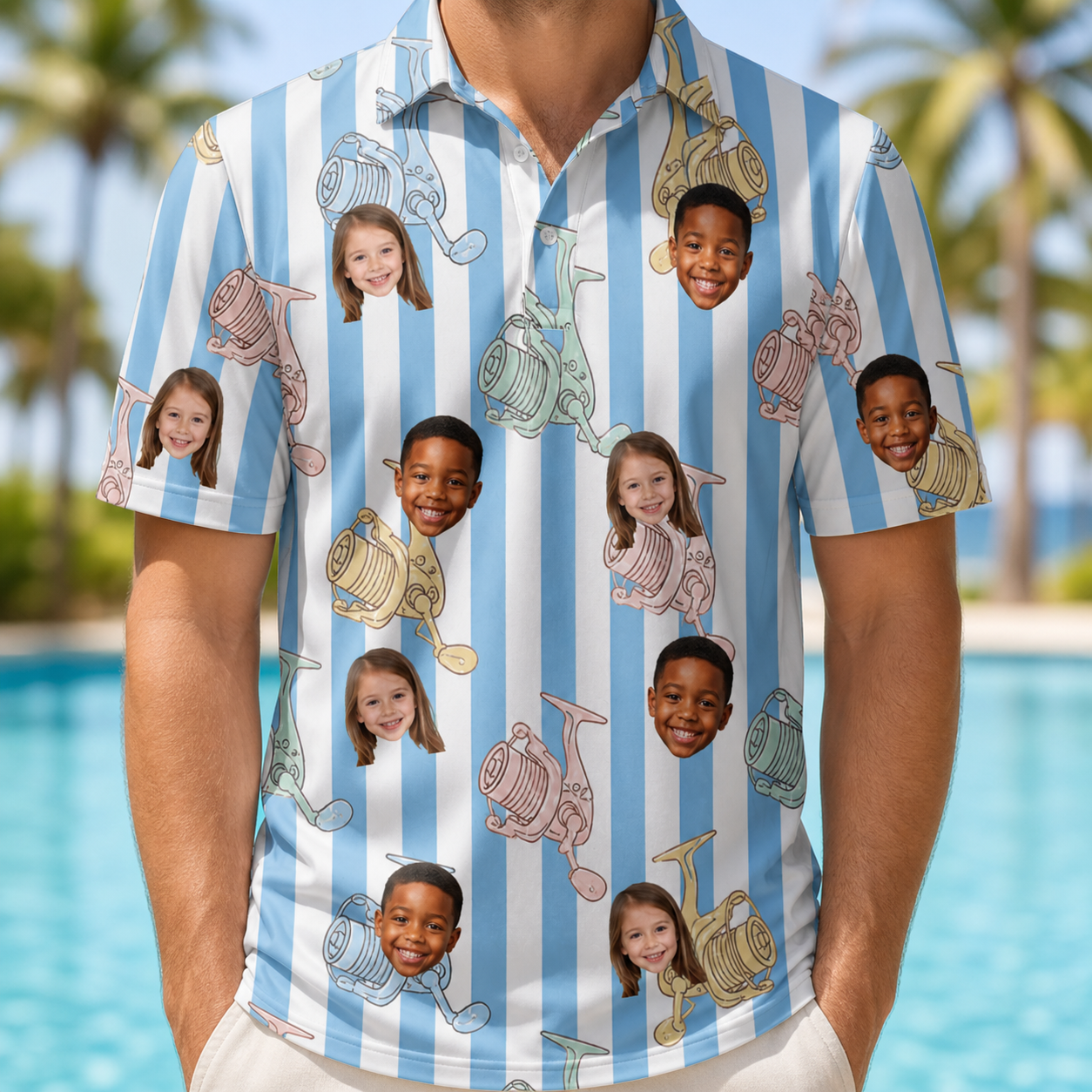 Model wearing Men's Spinner Spritz Custom Face Polo Shirt printed with kids' faces