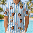 Model wearing Men's Spinner Spritz Custom Face Polo Shirt printed with kids' faces