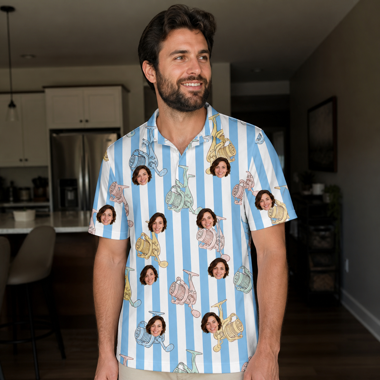 Real-life photo of someone wearing Men's Spinner Spritz Custom Face Polo Shirt — custom faces printed all-over