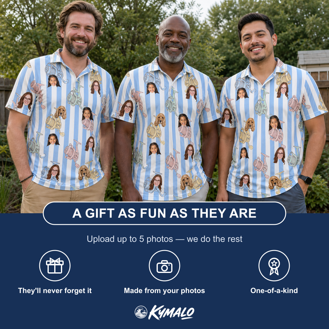Friends in matching Men's Spinner Spritz Custom Face Polo Shirt — a group gift photo
