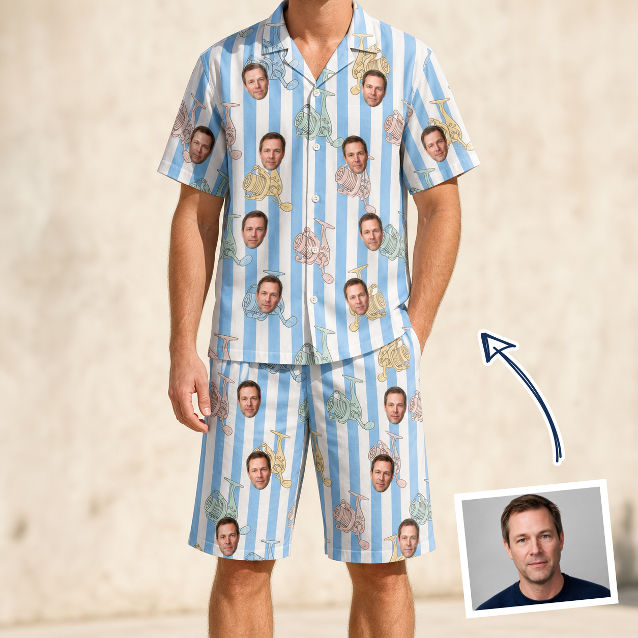Man wearing Men's Spinner Spritz Custom Face Shirt & Shorts Set — custom faces printed all-over