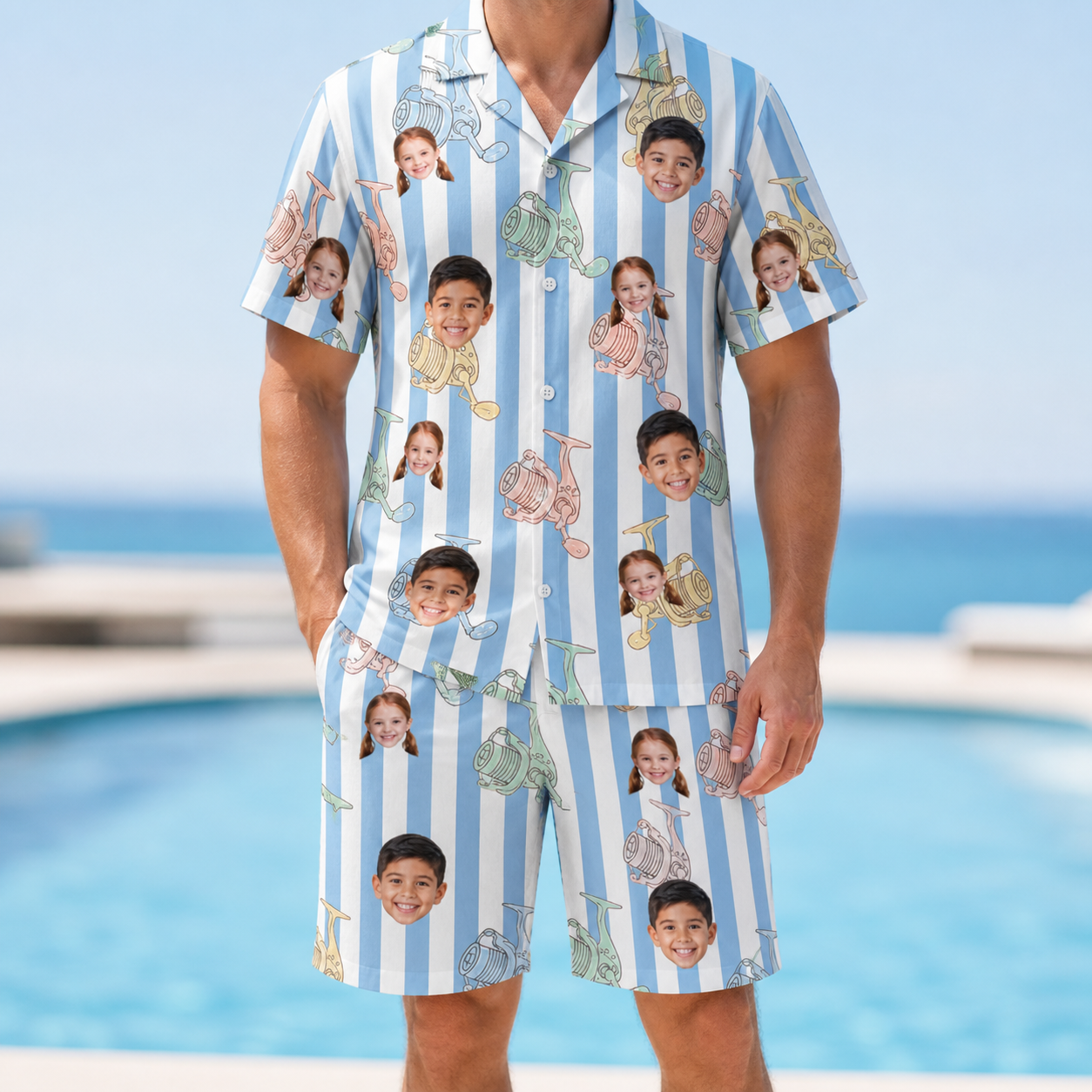 Model wearing Men's Spinner Spritz Custom Face Shirt & Shorts Set printed with kids' faces