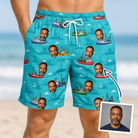 Man wearing Men's Skiff Happens Custom Face Beach Shorts — custom faces printed all-over