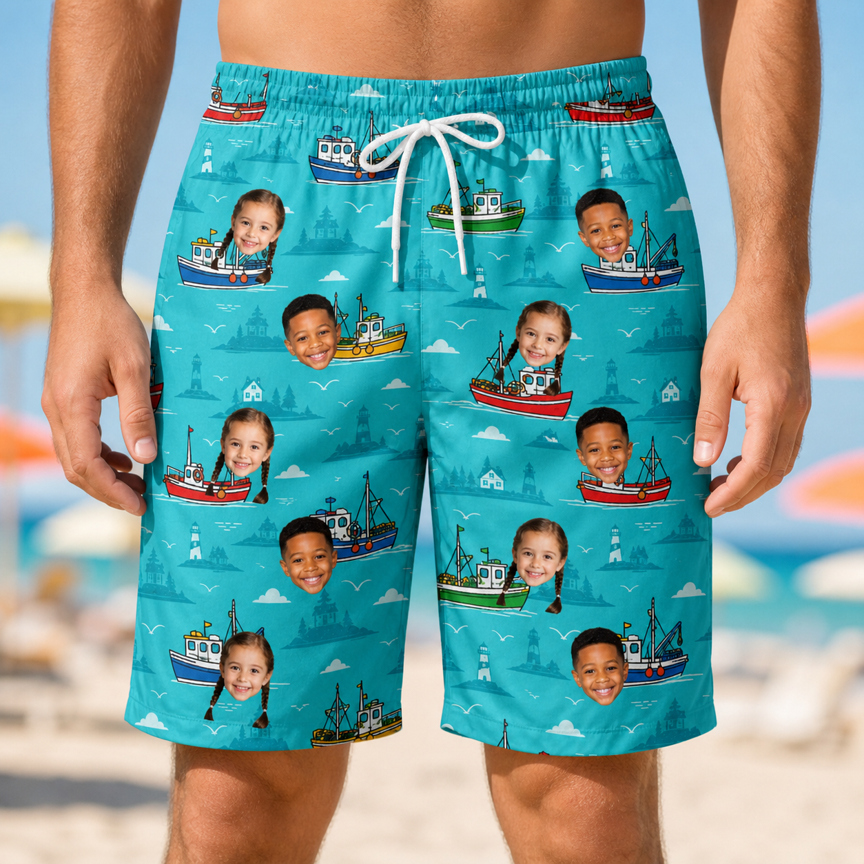 Model wearing Men's Skiff Happens Custom Face Beach Shorts printed with kids' faces