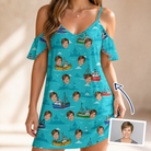 Woman wearing Women's Skiff Happens Custom Face Off-Shoulder Dress — custom faces printed all-over