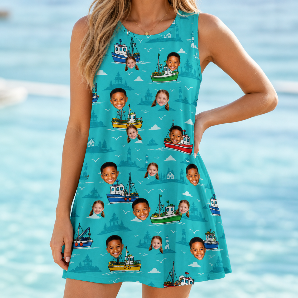 Model wearing Women's Skiff Happens Custom Face Tank Dress printed with kids' faces