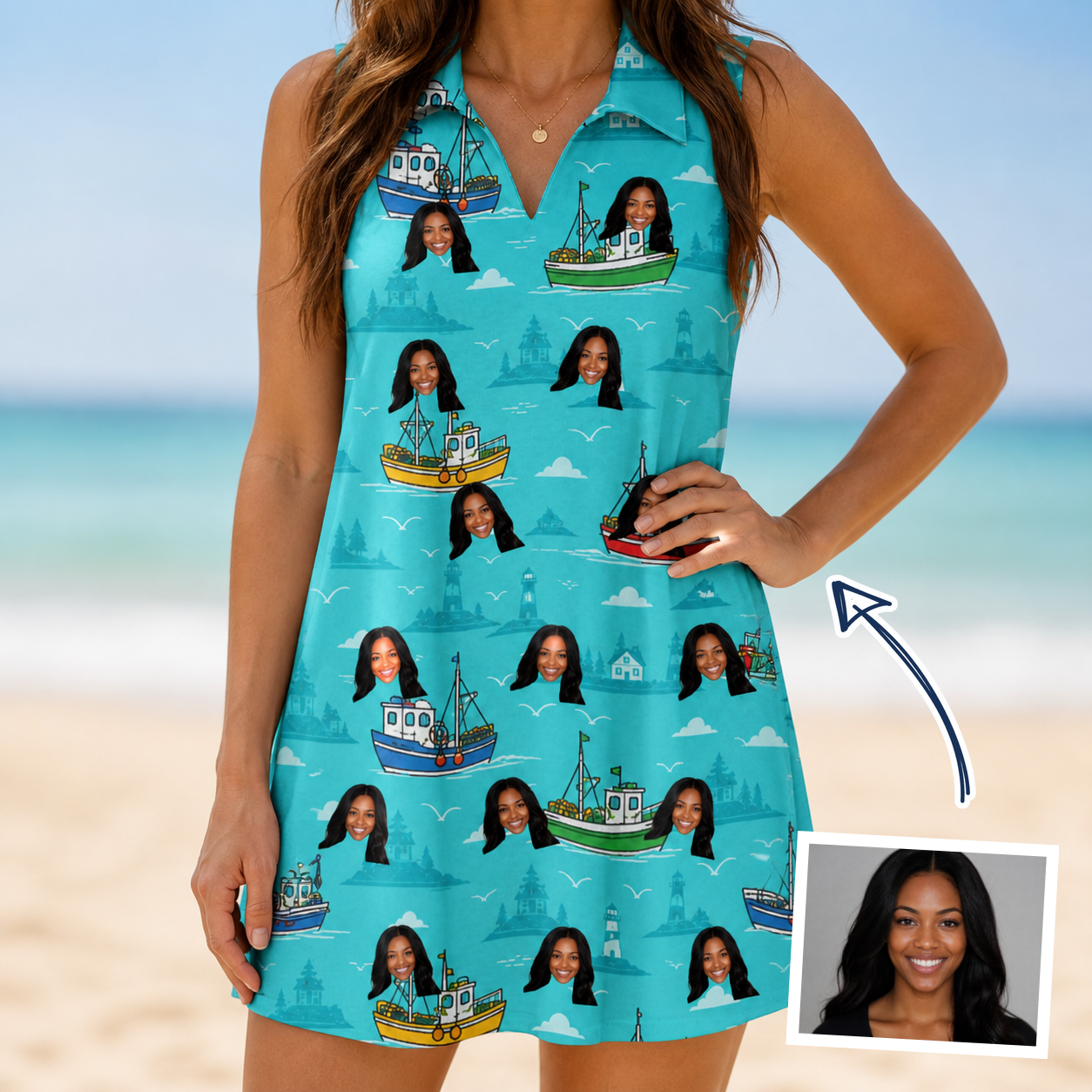 Woman wearing Women's Skiff Happens Custom Face V-Neck Dress — custom faces printed all-over
