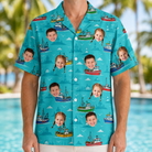 Model wearing Men's Skiff Happens Custom Face Hawaiian Shirt printed with kids' faces