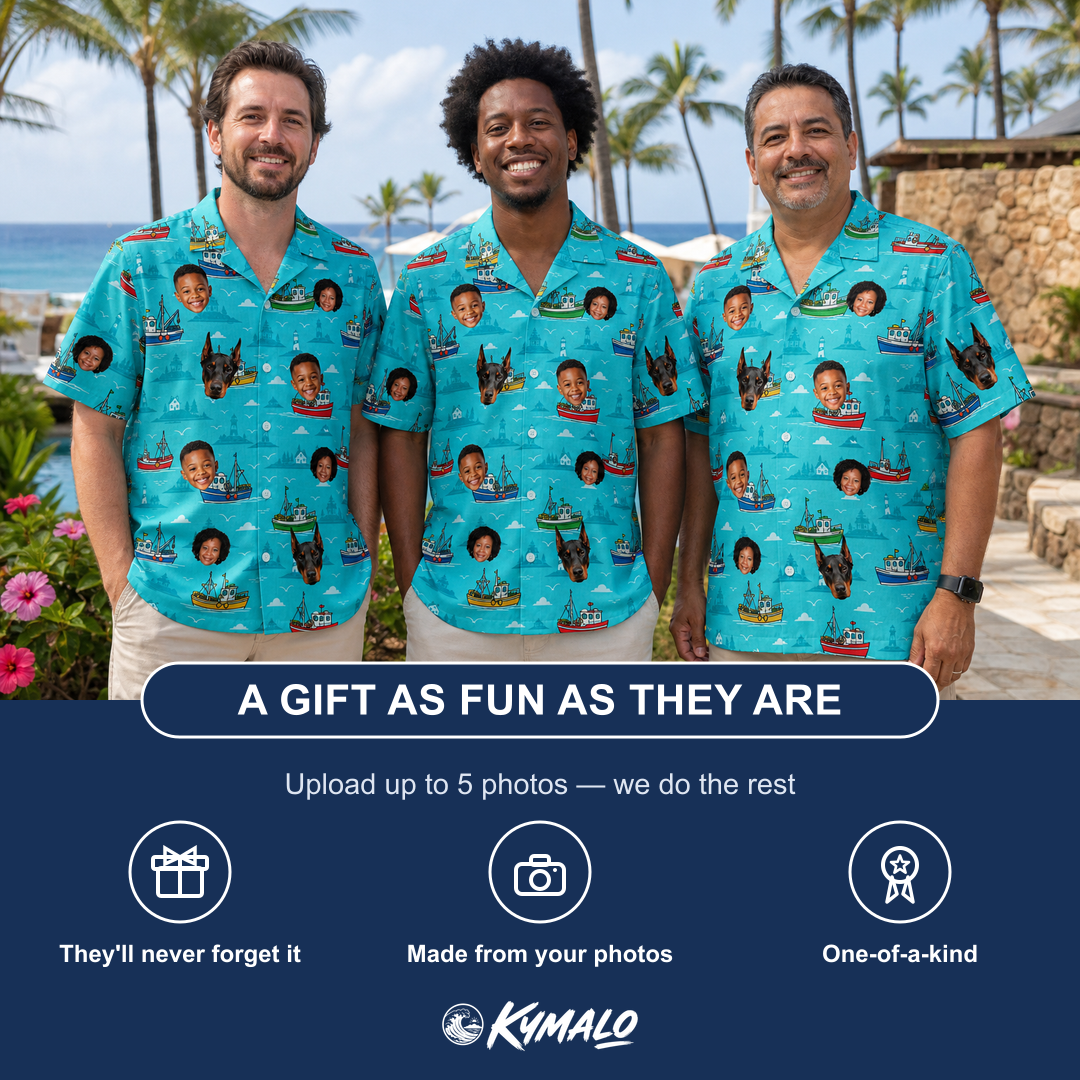 Friends in matching Men's Skiff Happens Custom Face Hawaiian Shirt — a group gift photo