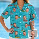 Woman wearing Women's Skiff Happens Custom Face Hawaiian Shirt — custom faces printed all-over