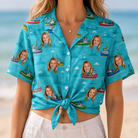 Woman wearing Women's Skiff Happens Custom Face Hawaiian Shirt tied at the waist