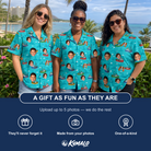 Friends in matching Women's Skiff Happens Custom Face Hawaiian Shirt — a group gift photo