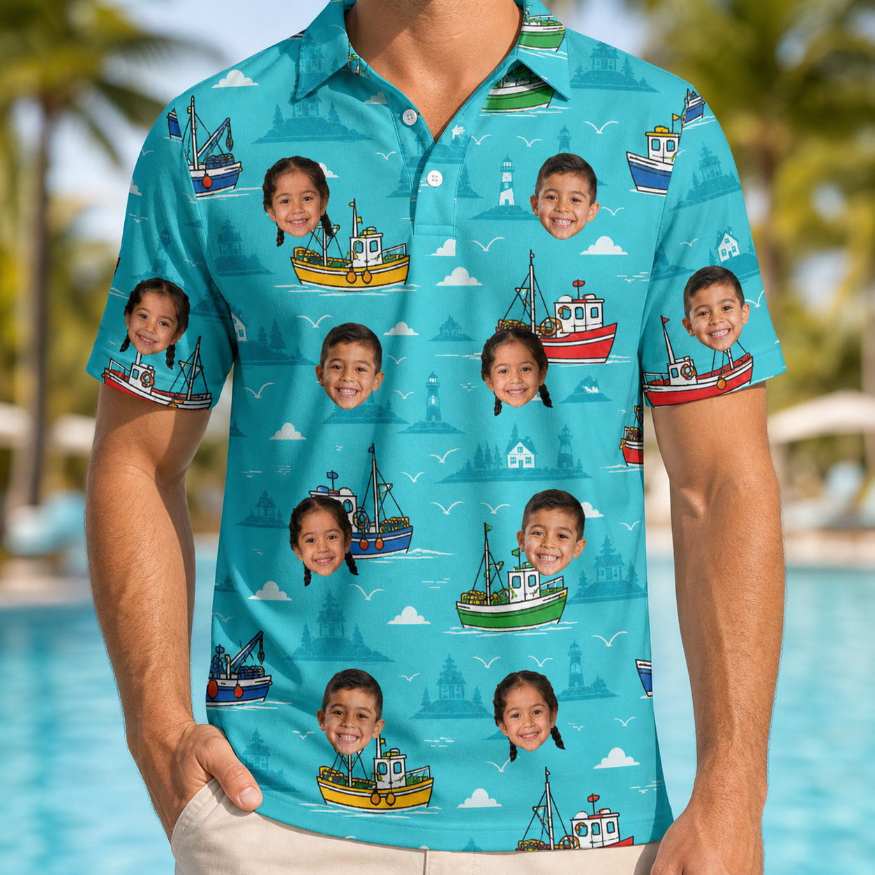 Model wearing Men's Skiff Happens Custom Face Polo Shirt printed with kids' faces