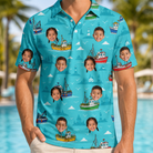 Model wearing Men's Skiff Happens Custom Face Polo Shirt printed with kids' faces