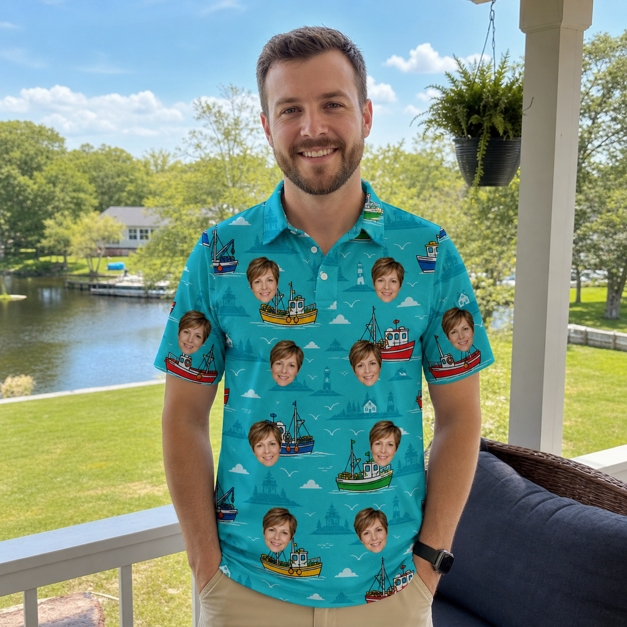 Real-life photo of someone wearing Men's Skiff Happens Custom Face Polo Shirt — custom faces printed all-over