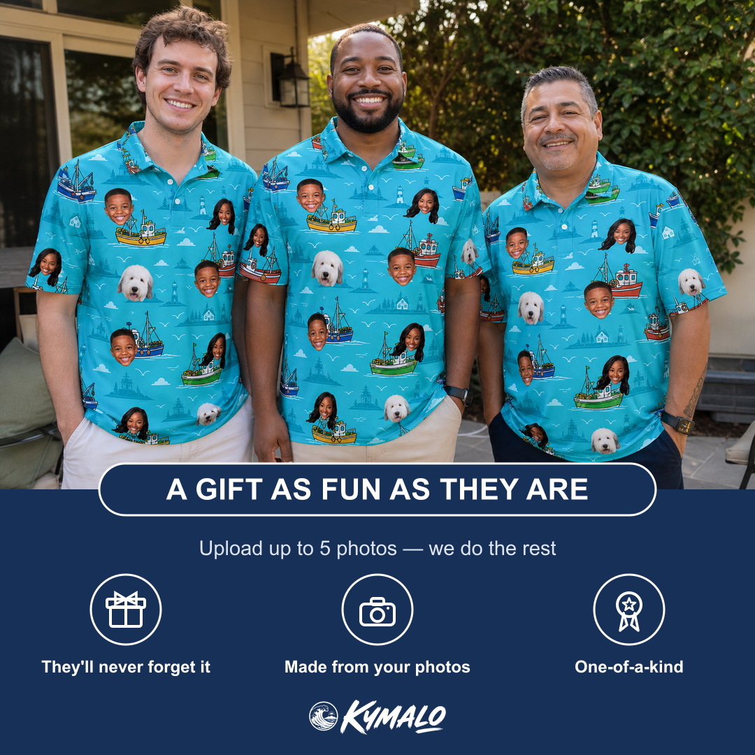 Friends in matching Men's Skiff Happens Custom Face Polo Shirt — a group gift photo