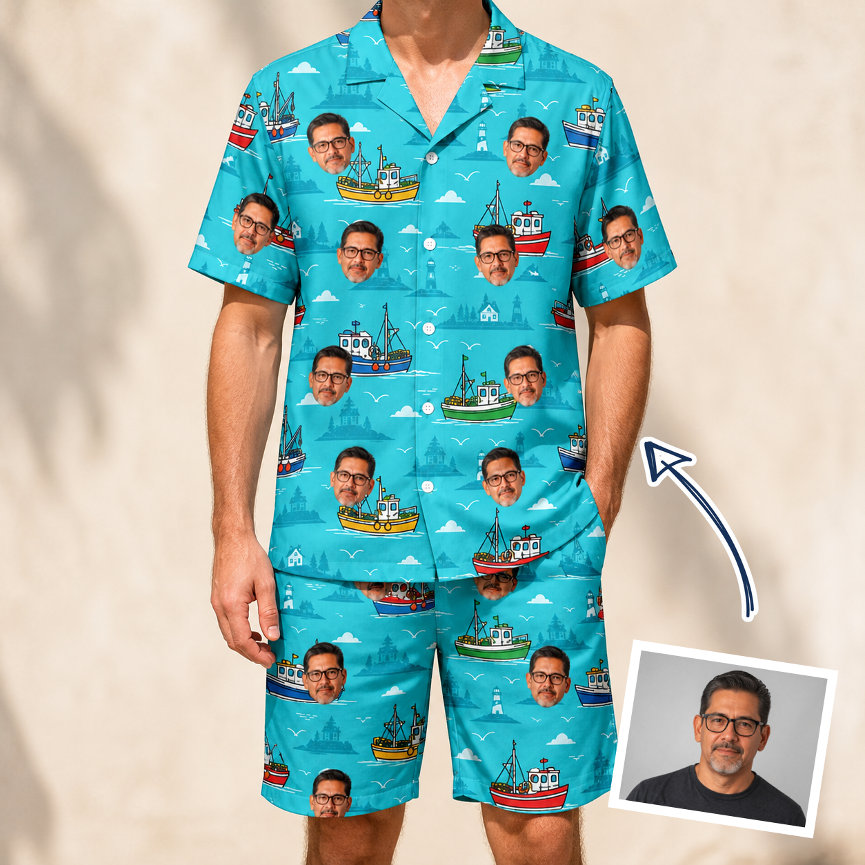 Man wearing Men's Skiff Happens Custom Face Shirt & Shorts Set — custom faces printed all-over