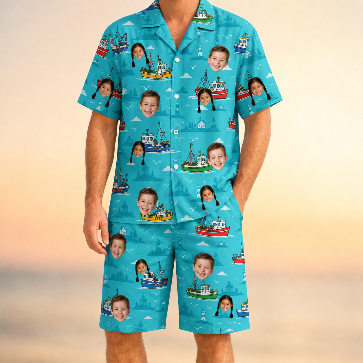Model wearing Men's Skiff Happens Custom Face Shirt & Shorts Set printed with kids' faces